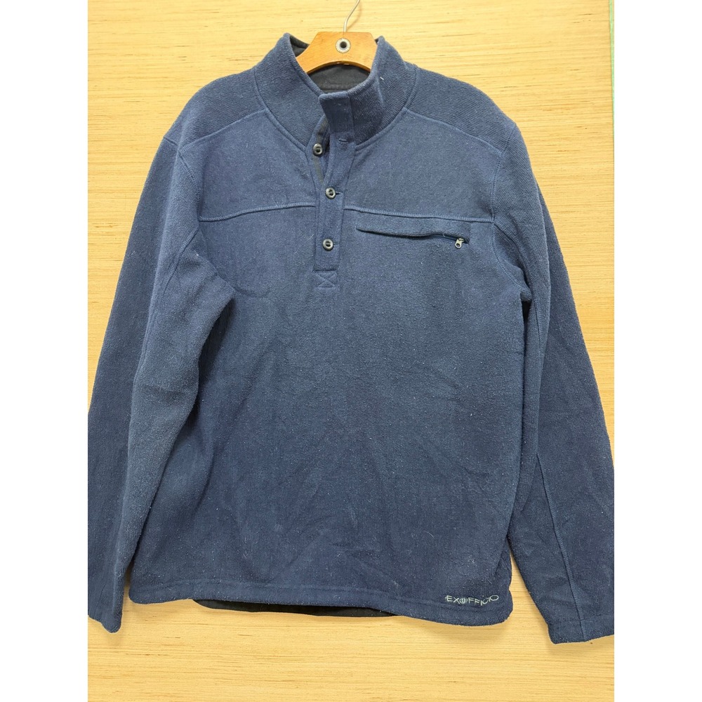 ExOfficio Mens Navy Blue Fleece Quarter Button Mock Neck Pullover Sweater Large